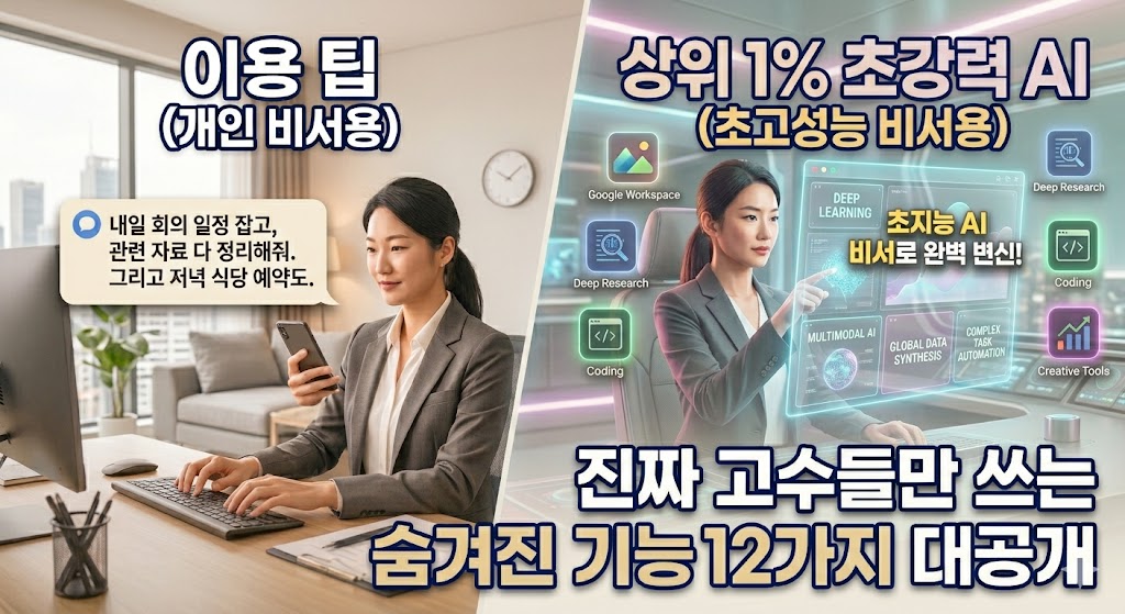 제미나이를 개인 비서 및 초고성능 비서로 활용하는 두 가지 방법을 밝고 화사한 사무실 배경과 첨단 홀로그램 제어실 화면으로 대비하여 보여주는 블로그 썸네일 이미지"